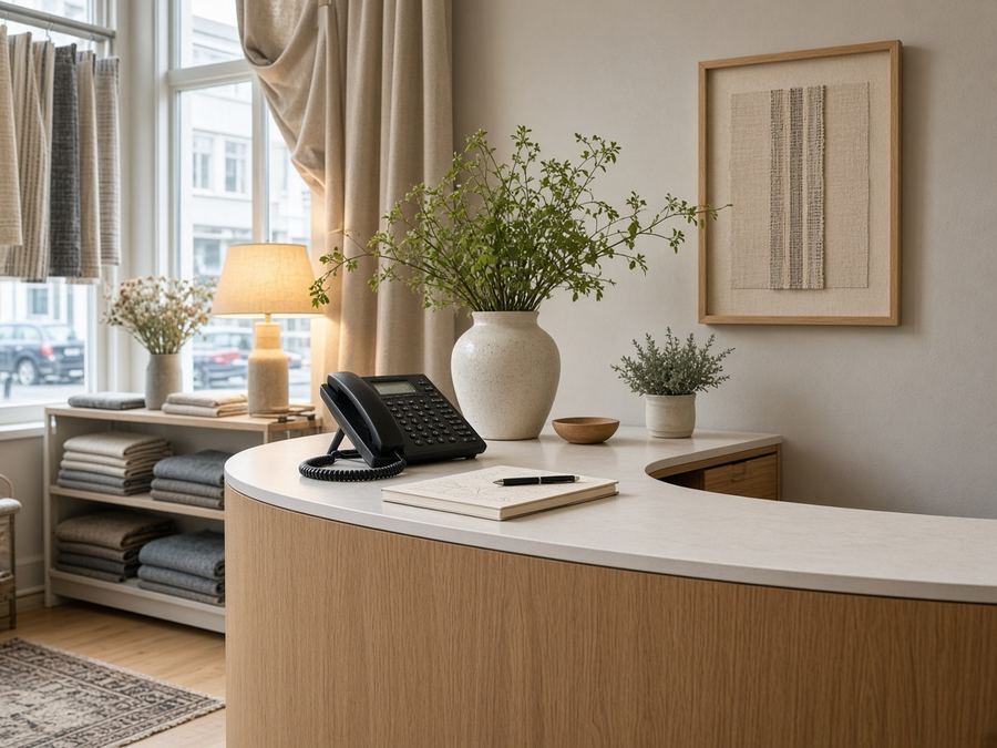 Contact desk at Trawls Flaw Textiles in Reykjavik